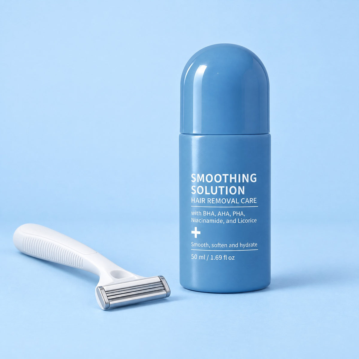RazorCalm roll-on beside a razor