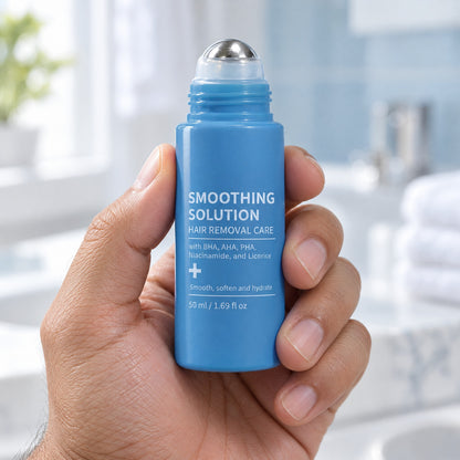 A hand holding the RazorCalm roll-on, cap off, in a bathroom